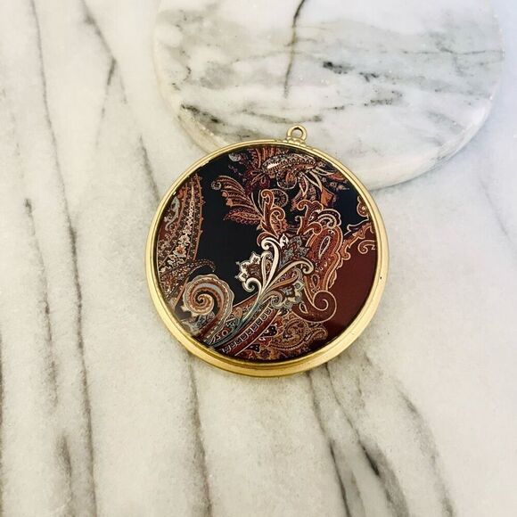 Vintage Two Sided Pendant Ornate Design and Polka Dot Gold Toned Metal Round - Picture 1 of 6